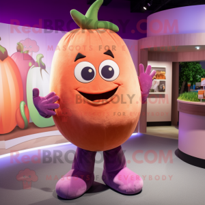 Peach Eggplant mascot costume character dressed with a Romper and Mittens