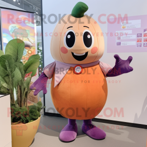 Peach Eggplant mascot costume character dressed with a Romper and Mittens
