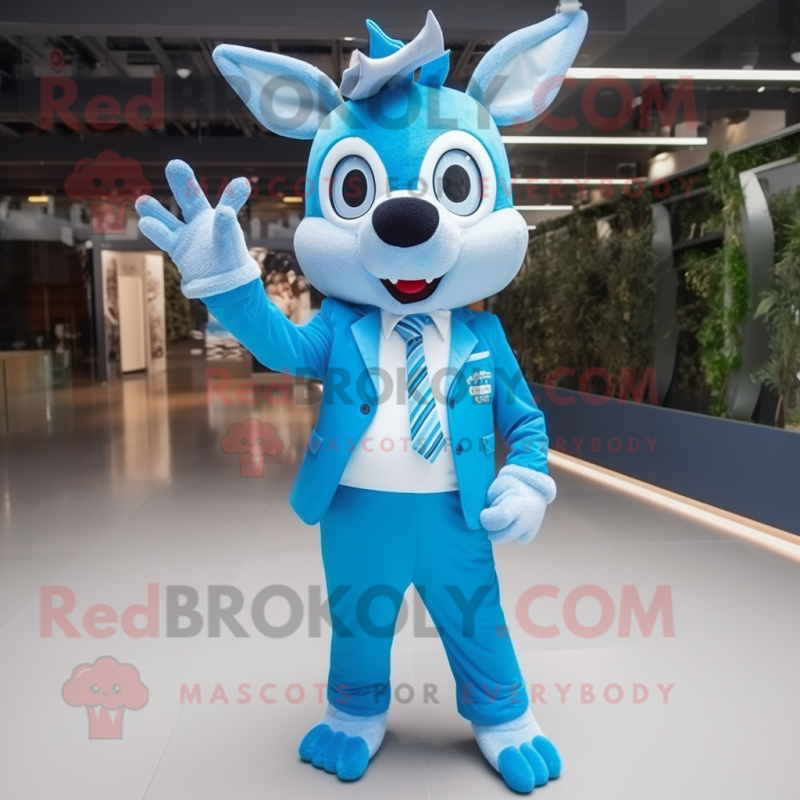 Sky Blue Deer mascot costume character dressed with a Suit and Gloves