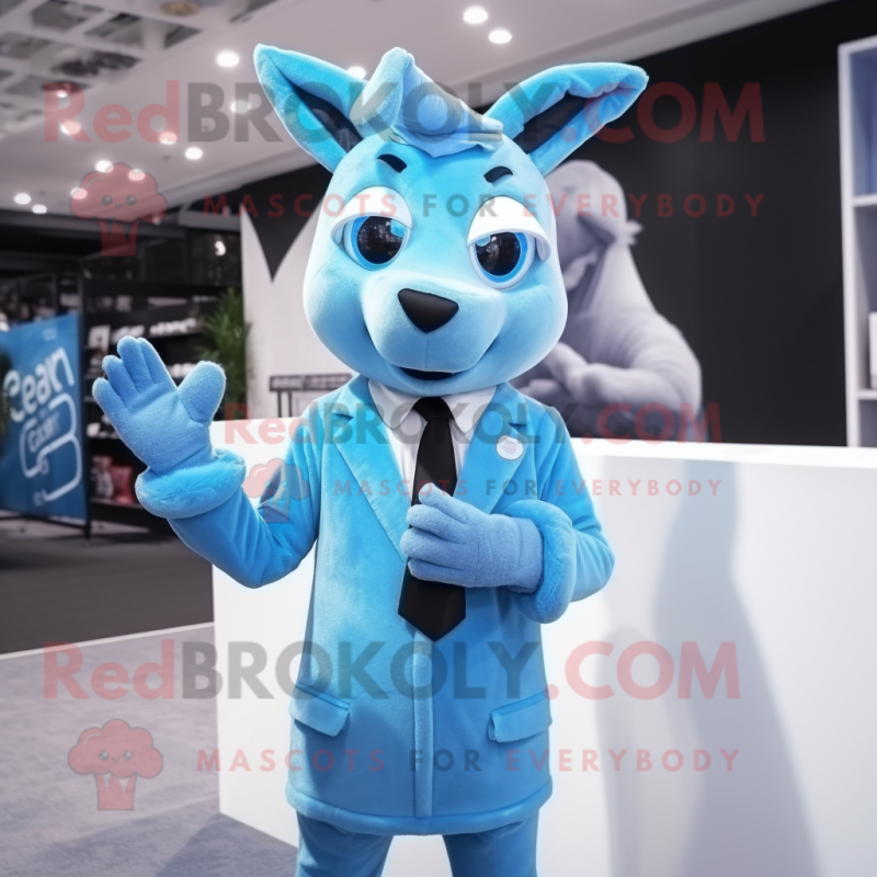 Sky Blue Deer mascot costume character dressed with a Suit and Gloves