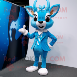 Sky Blue Deer mascot costume character dressed with a Suit and Gloves