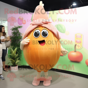 Peach Onion mascot costume character dressed with a Mini Dress and Belts