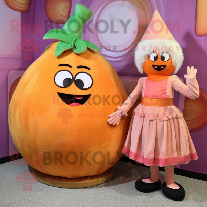 Peach Onion mascot costume character dressed with a Mini Dress and Belts