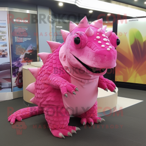 Pink Ankylosaurus mascot costume character dressed with a Cover-up and Foot pads