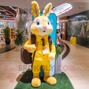 Yellow Wild Rabbit mascot costume character dressed with a Blazer and Backpacks