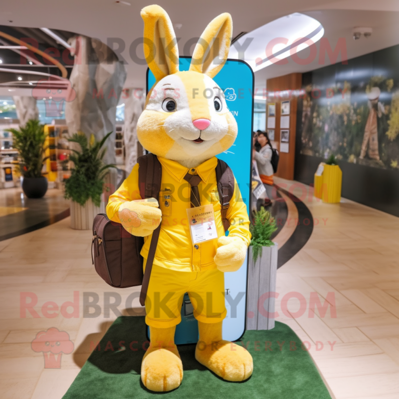 Yellow Wild Rabbit mascot costume character dressed with a Blazer and Backpacks