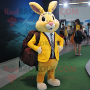 Yellow Wild Rabbit mascot costume character dressed with a Blazer and Backpacks