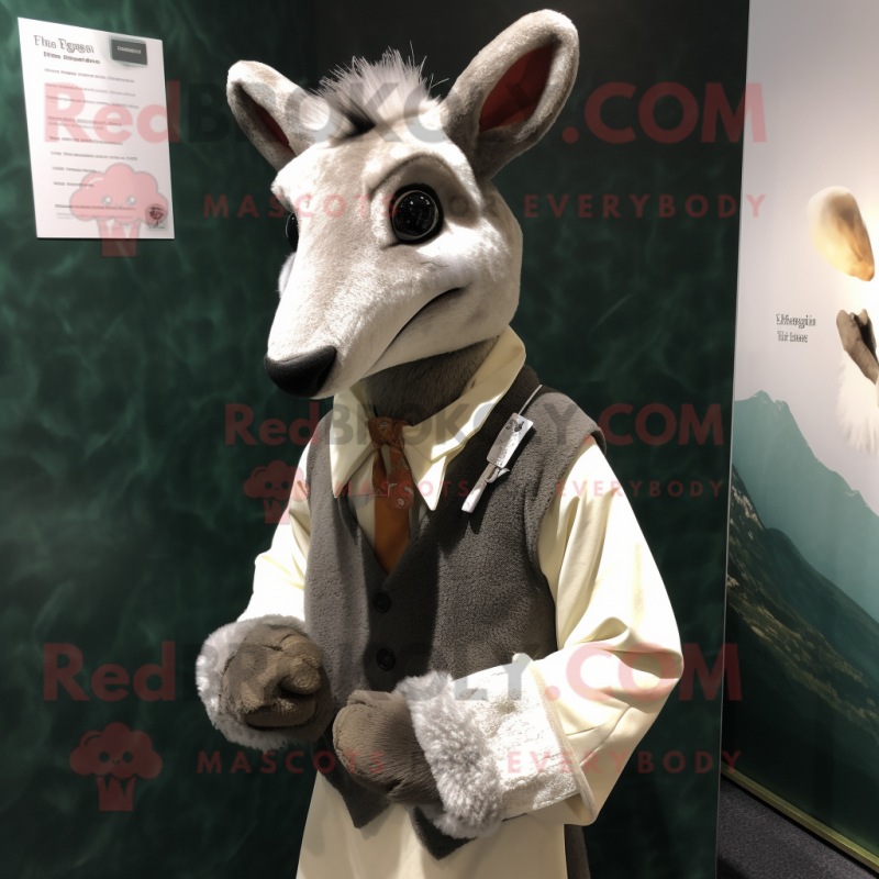 Gray Roe Deer mascot costume character dressed with a Waistcoat and Shawl pins