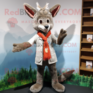 Gray Roe Deer mascot costume character dressed with a Waistcoat and Shawl pins
