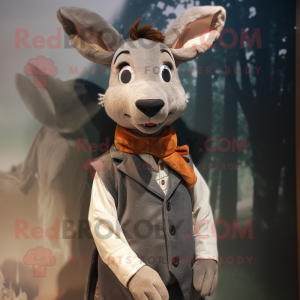 Gray Roe Deer mascot costume character dressed with a Waistcoat and Shawl pins