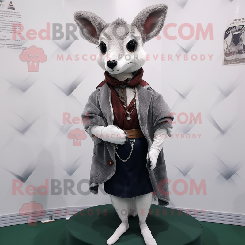 Gray Roe Deer mascot costume character dressed with a Waistcoat and Shawl pins