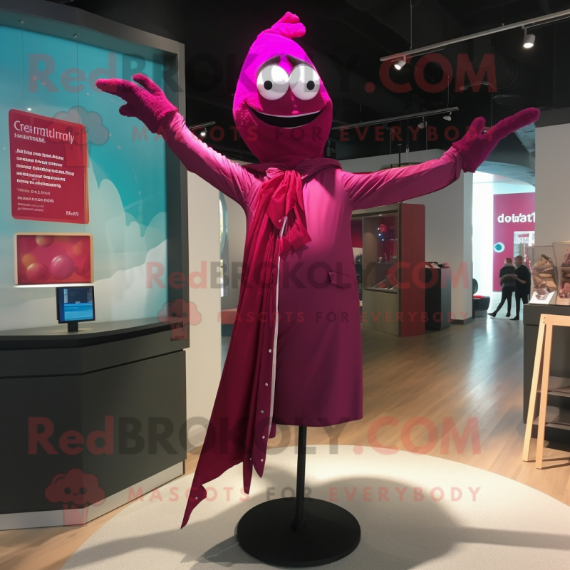 Magenta Trapeze Artist mascot costume character dressed with a Dress Shirt and Shawl pins Magenta Trapeze Artist mascot costume character dressed with a Dress Shirt and Shawl pins