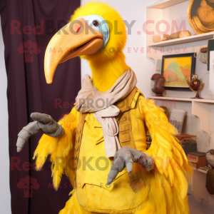 Yellow Dodo Bird mascot costume character dressed with a Waistcoat and Shawl pins