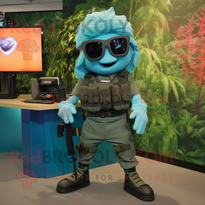 Cyan Sniper mascot costume character dressed with a Cargo Pants and Bracelet watches