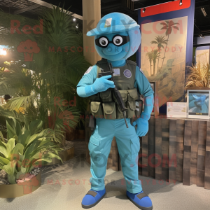 Cyan Sniper mascot costume character dressed with a Cargo Pants and Bracelet watches