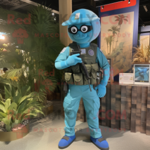 Cyan Sniper mascot costume character dressed with a Cargo Pants and Bracelet watches