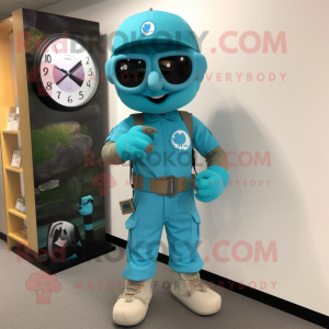 Cyan Sniper mascot costume character dressed with a Cargo Pants and Bracelet watches