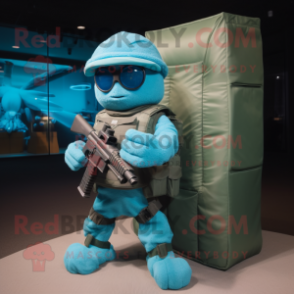 Cyan Sniper mascot costume character dressed with a Cargo Pants and Bracelet watches