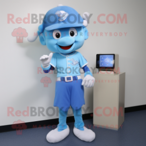 Sky Blue Tooth Fairy mascot costume character dressed with a Baseball Tee and Digital watches