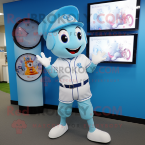 Sky Blue Tooth Fairy mascot costume character dressed with a Baseball Tee and Digital watches