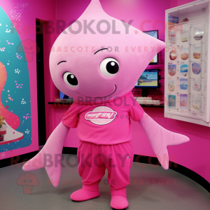 Pink Stingray mascot costume character dressed with a Playsuit and Beanies