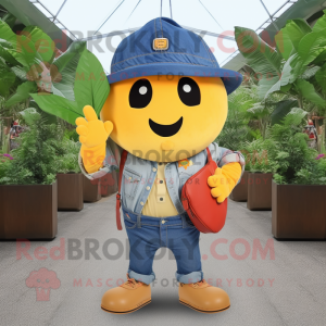 Yellow Mango mascot costume character dressed with a Denim Shirt and Berets