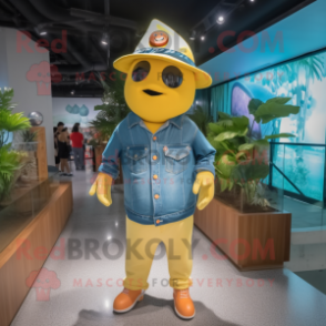 Yellow Mango mascot costume character dressed with a Denim Shirt and Berets