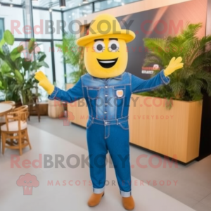 Yellow Mango mascot costume character dressed with a Denim Shirt and Berets