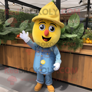 Yellow Mango mascot costume character dressed with a Denim Shirt and Berets