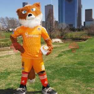 Oranje en witte vos mascotte in gele sportkleding -