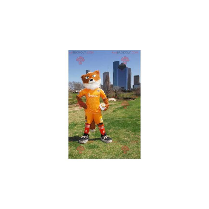 Mascote raposa laranja e branca em roupas esportivas amarelas -