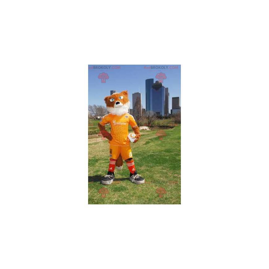 Maskot oranžová a bílá liška ve žlutém sportovním oblečení -