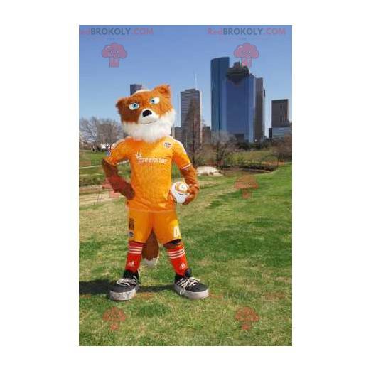 Mascote raposa laranja e branca em roupas esportivas amarelas -