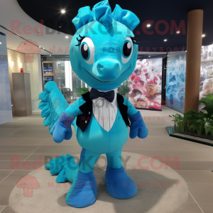 Cyan Sea Horse mascot costume character dressed with a Suit Pants and Bow ties