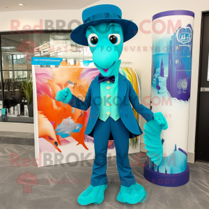 Cyan Sea Horse mascot costume character dressed with a Suit Pants and Bow ties