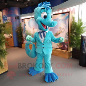 Cyan Sea Horse mascot costume character dressed with a Suit Pants and Bow ties