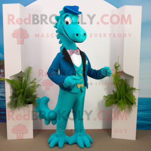 Cyan Sea Horse mascot costume character dressed with a Suit Pants and Bow ties