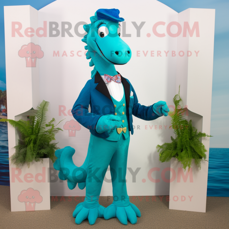 Cyan Sea Horse mascot costume character dressed with a Suit Pants and Bow ties Cyan Sea Horse mascot costume character dressed with a Suit Pants and Bow ties