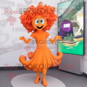 Orange Medusa mascot costume character dressed with a V-Neck Tee and Earrings