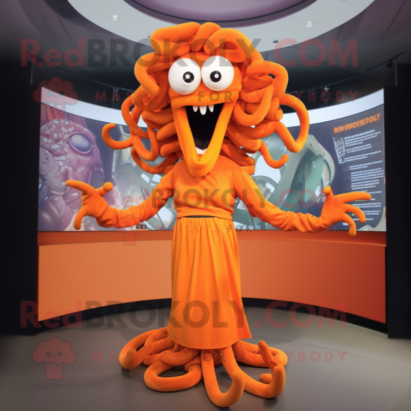 Orange Medusa mascot costume character dressed with a V-Neck Tee and Earrings