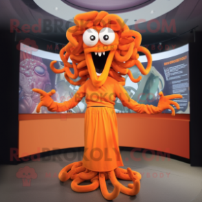 Orange Medusa mascot costume character dressed with a V-Neck Tee and Earrings
