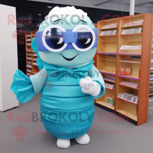Cyan Sushi mascot costume character dressed with a Pleated Skirt and Reading glasses