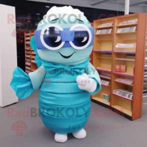 Cyan Sushi mascot costume character dressed with a Pleated Skirt and Reading glasses