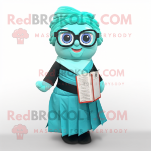 Cyan Sushi mascot costume character dressed with a Pleated Skirt and Reading glasses