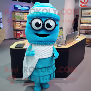 Cyan Sushi mascot costume character dressed with a Pleated Skirt and Reading glasses