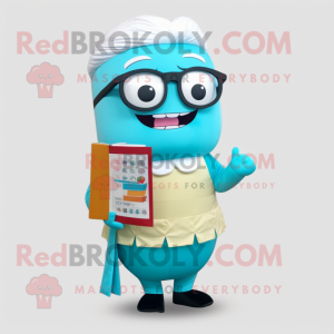 Cyan Sushi mascot costume character dressed with a Pleated Skirt and Reading glasses