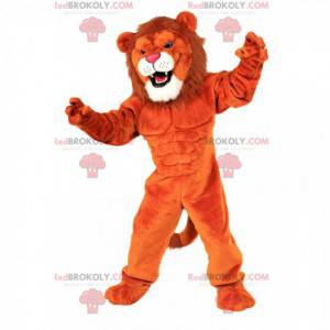 Orange lejonmaskot, mycket muskulös, muskulös djurdräkt -