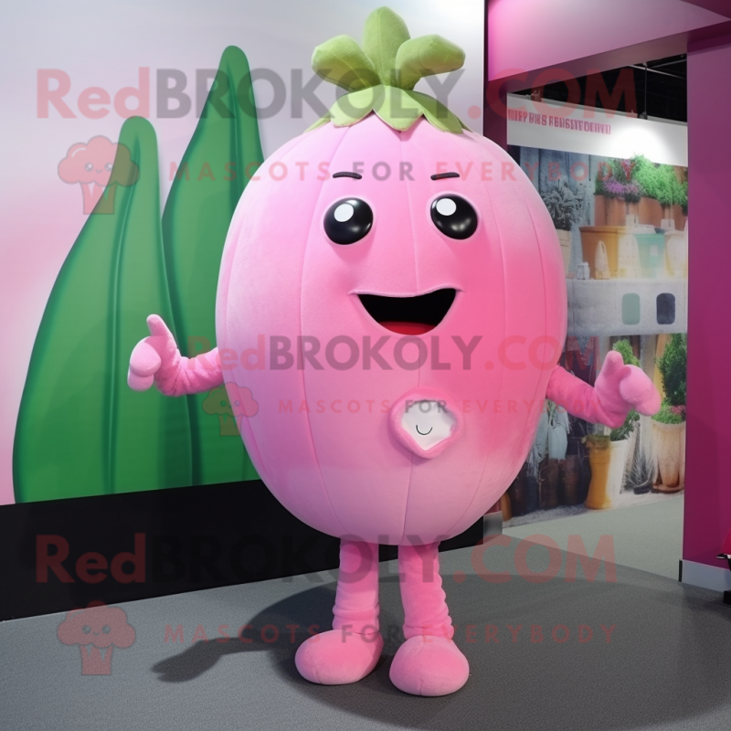 Pink Turnip mascot costume character dressed with a Jeggings and Earrings