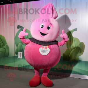 Pink Turnip mascot costume character dressed with a Jeggings and Earrings