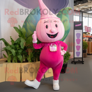 Pink Turnip mascot costume character dressed with a Jeggings and Earrings